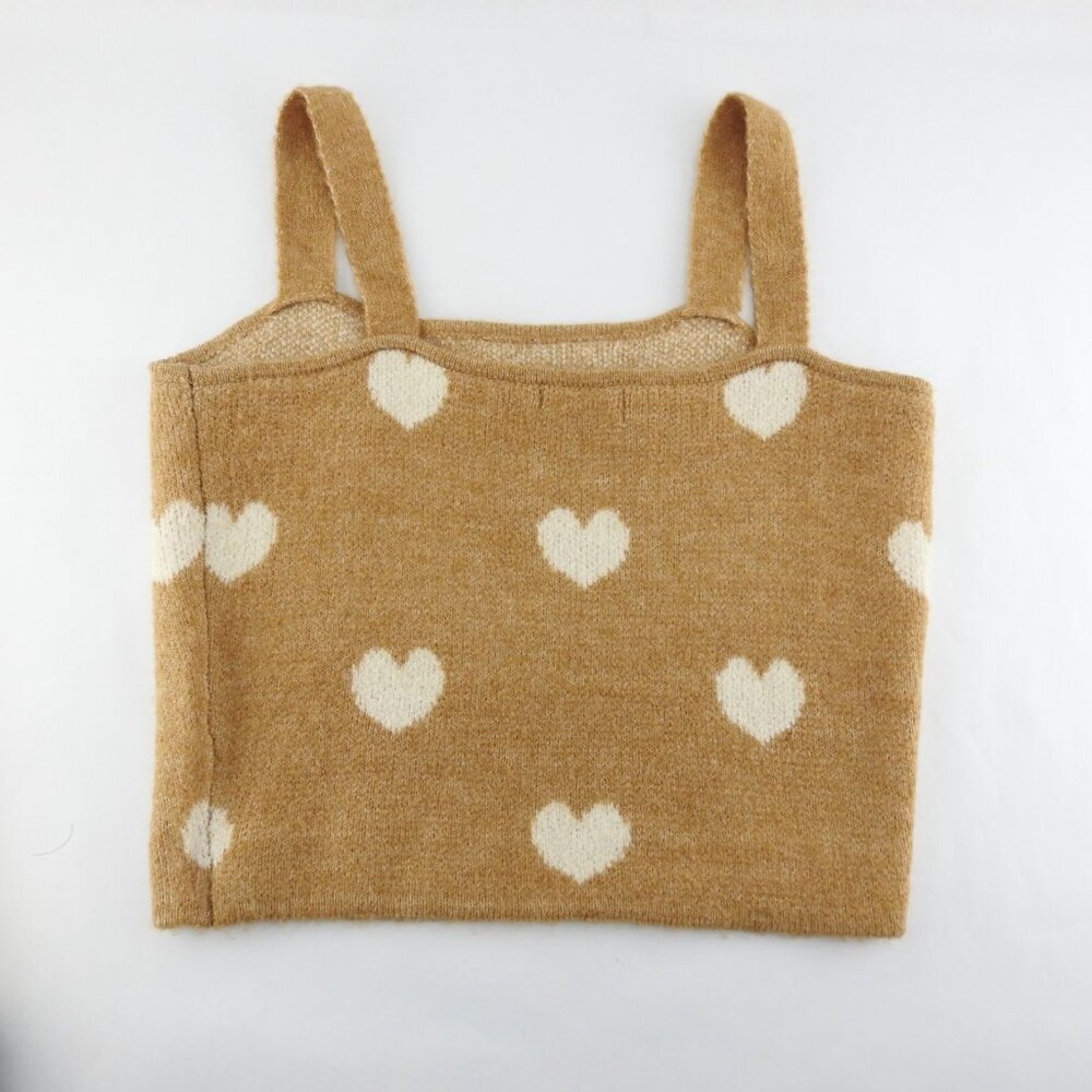 Women's Knit Lush Tan Heart Sweater Tank Top Soft Cream Beige Sz - Picture 3 of 6